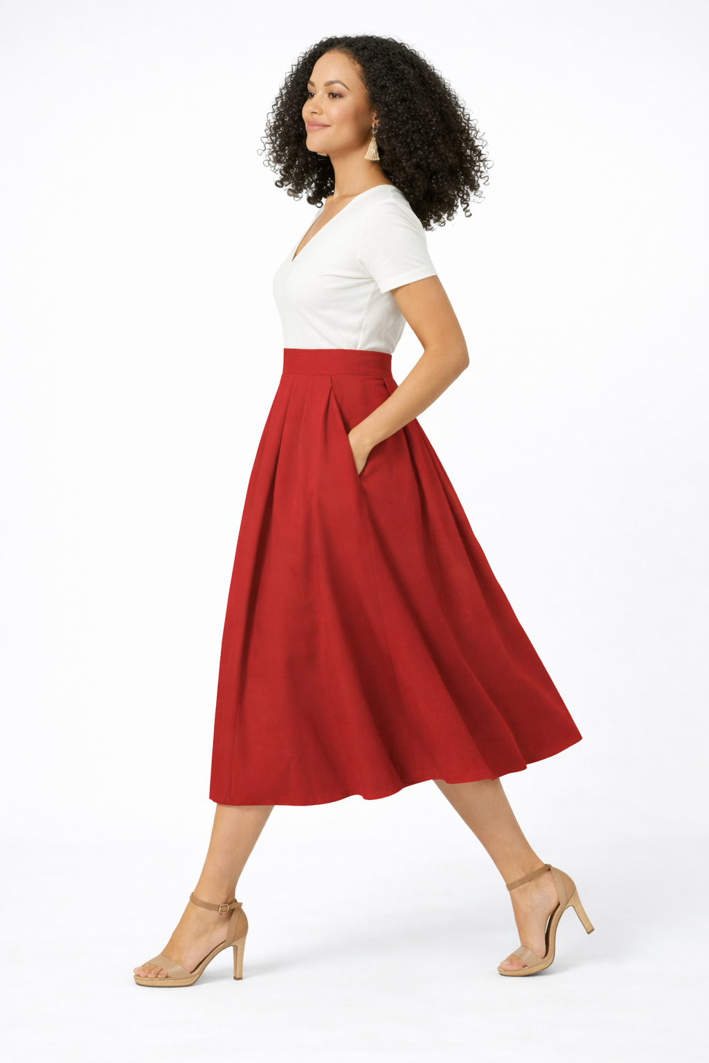 Pleated Cotton Poplin Midi Skirt