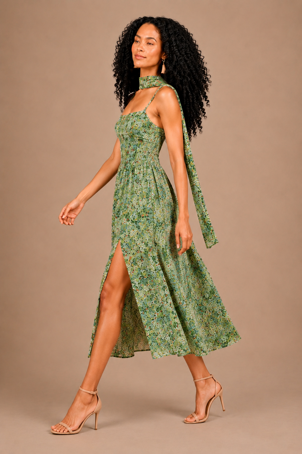 Floral Chiffon Smocked Midi Dress with Neck Scarf