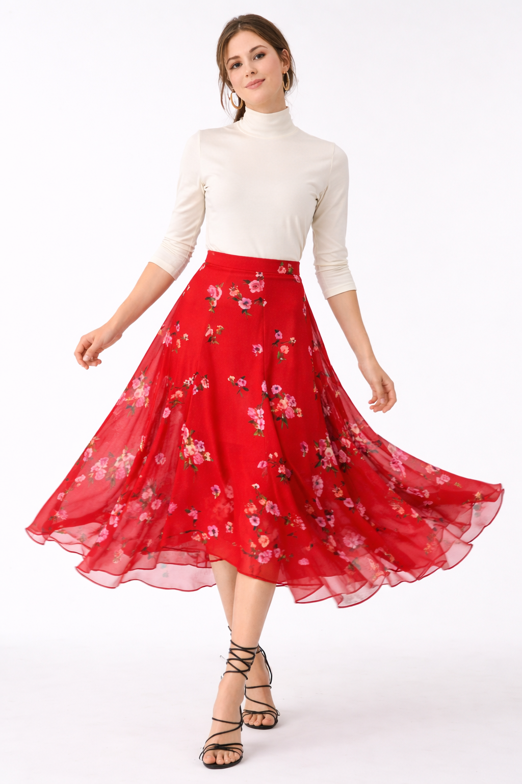 Asymmetric Flounce Hem Floral Print Georgette Skirt