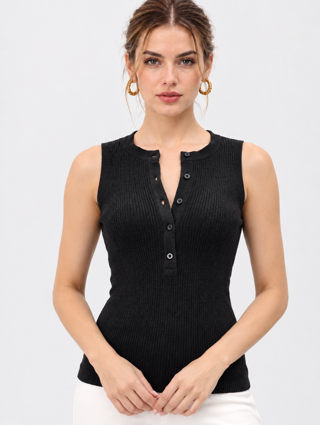 black rib knit linen cotton blend full-sleeve top for women