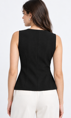 Women’s Black Ribbed Sleeveless Button-Front Waistcoat Top