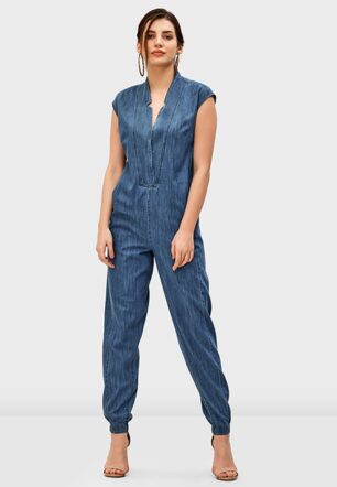 Notch Neck Surplice Cotton Denim Jumpsuit - Nam's Ropa