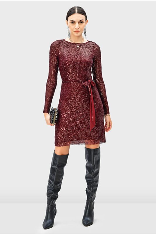 Sash Tie Sequin Mesh Sheath Dress - Nam's Ropa