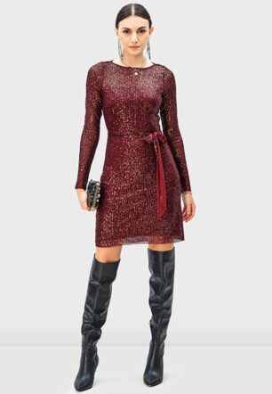 Sash Tie Sequin Mesh Sheath Dress - Nam's Ropa