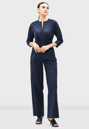 Zip Front Cotton Poplin Elastic Waist Jumpsuit - Nam's Ropa