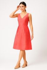 Banded Empire Dupioni A-Line Dress | Sleeveless V-Neck Wedding Guest Midi Dress