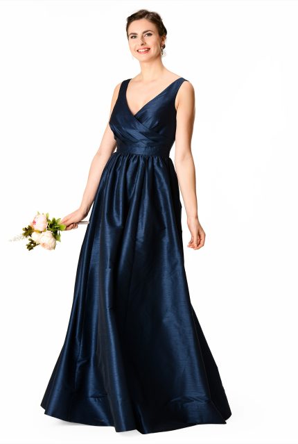 Pleated Surplice Dupioni Maxi Dress