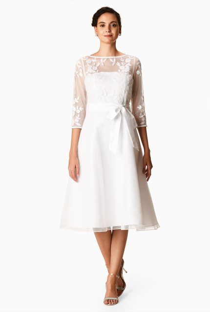 Floral Embellished Illusion Tulle and Dupioni Dress