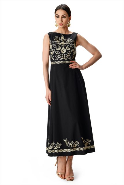Floral Vine Embroidery Cotton Poplin Maxi Dress