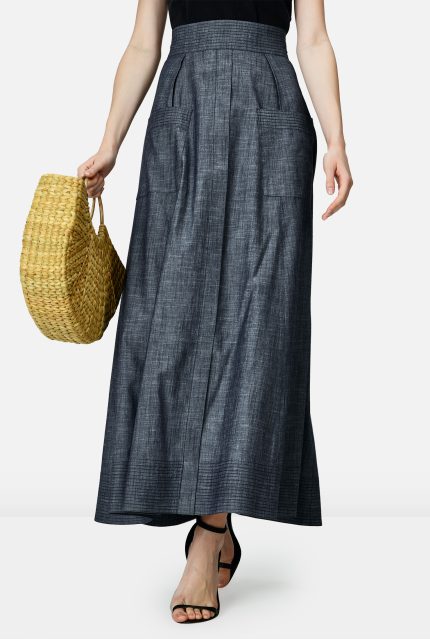 Trapunto Trim Cotton Chambray Skirt