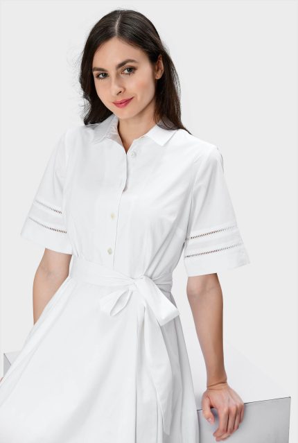 Lattice Trim Cotton Poplin Shirtdress