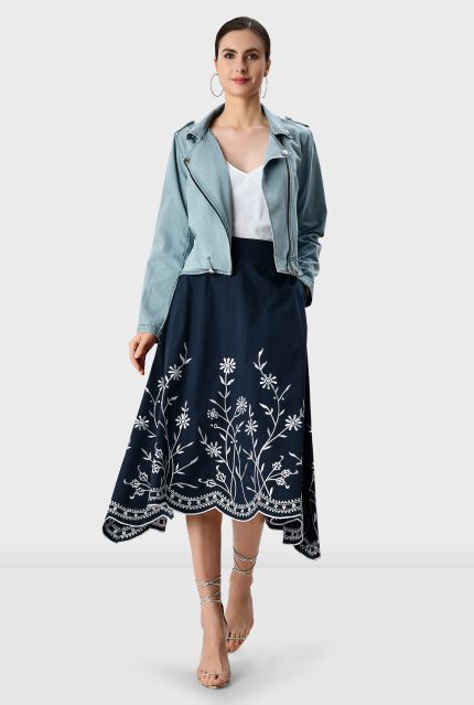 Floral Scallop High-Low Cotton Poplin Skirt