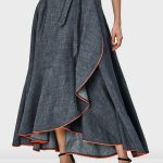 Contrast-Trim Chambray Faux Wrap Midi Skirt