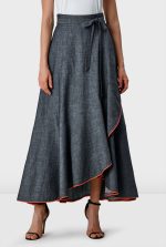 Contrast-Trim Chambray Faux Wrap Midi Skirt