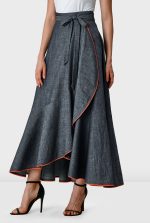 Contrast-Trim Chambray Faux Wrap Midi Skirt