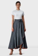 Contrast-Trim Chambray Faux Wrap Midi Skirt