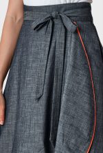 Contrast-Trim Chambray Faux Wrap Midi Skirt