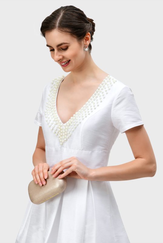 Pearl Bead Embroidery Dupioni Maxi Dress