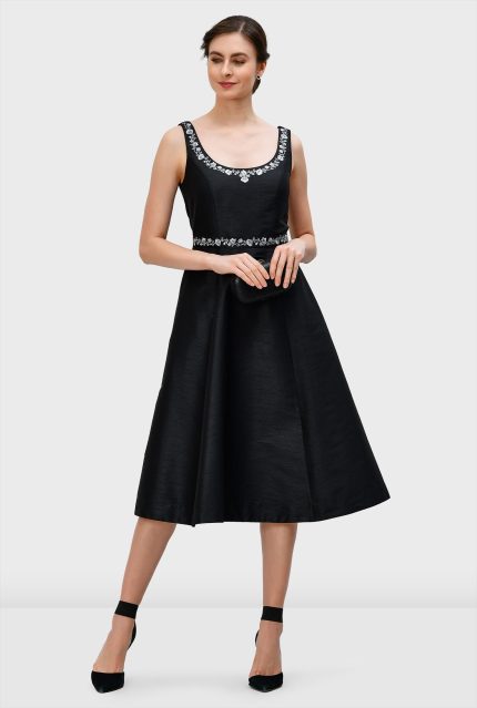 Floral Embroidery Dupioni A-Line Dress