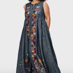 Leafy Embroidery Cotton Chambray Release Pleat Shift Dress