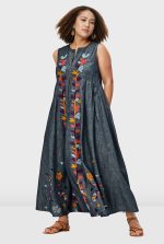 Leafy Embroidery Cotton Chambray Release Pleat Shift Dress