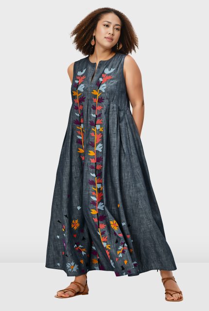 Leafy Embroidery Cotton Chambray Release Pleat Shift Dress