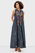 Leafy Embroidery Cotton Chambray Release Pleat Shift Dress