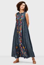 Leafy Embroidery Cotton Chambray Release Pleat Shift Dress