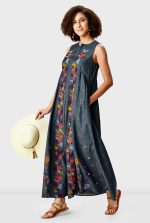 Leafy Embroidery Cotton Chambray Release Pleat Shift Dress