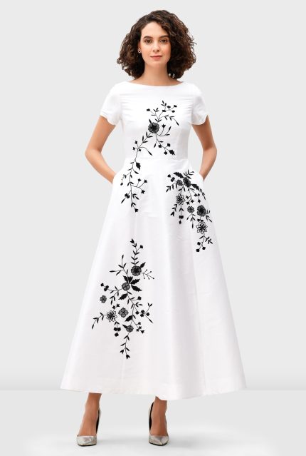 Floral Embroidery Dupioni Maxi Dress