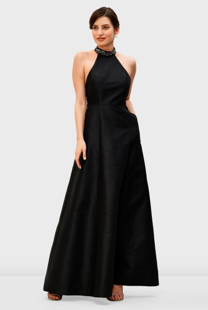 Beaded Halter Dupioni A-Line Dress