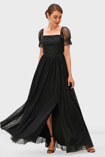 Sheer Tulle Vented Maxi Dress