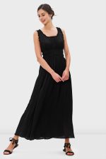 Rayon Crinkle Smocked Waist Midi Dress