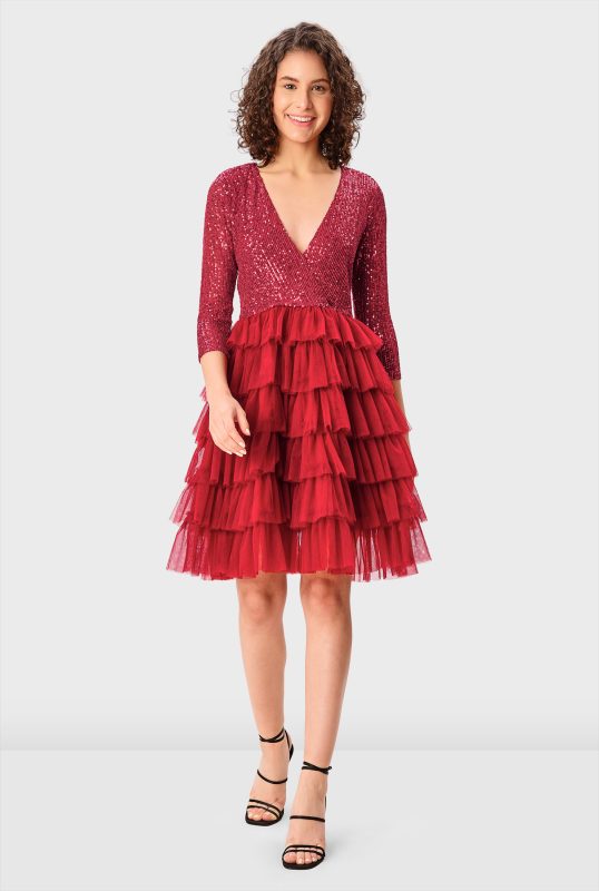 Sequin Mesh Ruffle Tier Dress | V-Neck Party Dress with Layered Tulle Skirt