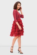 Sequin Mesh Ruffle Tier Dress | V-Neck Party Dress with Layered Tulle Skirt