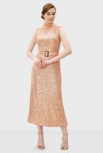 Sequin Mesh Belted A-Line Dress | Sleeveless Sparkle Midi Dress for Weddings & Events