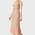 Sequin Mesh Belted A-Line Dress | Sleeveless Sparkle Midi Dress for Weddings & Events