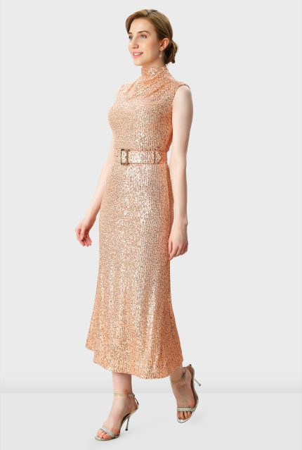 Sequin Mesh Belted A-Line Dress | Sleeveless Sparkle Midi Dress for Weddings & Events