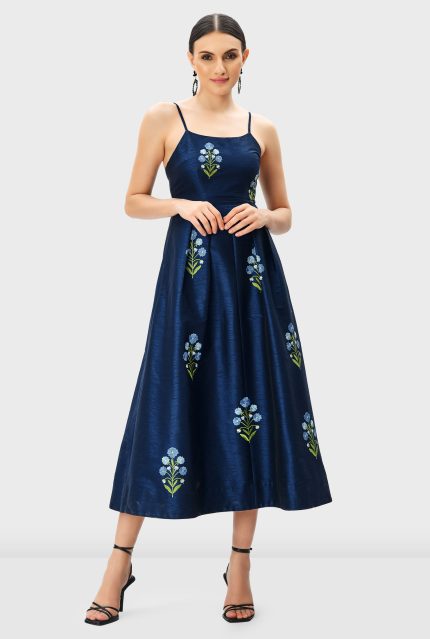 Floral Embroidery Dupioni Dress
