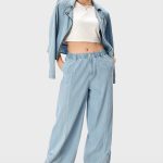 Cotton Denim Shirred Wide Leg Jeans