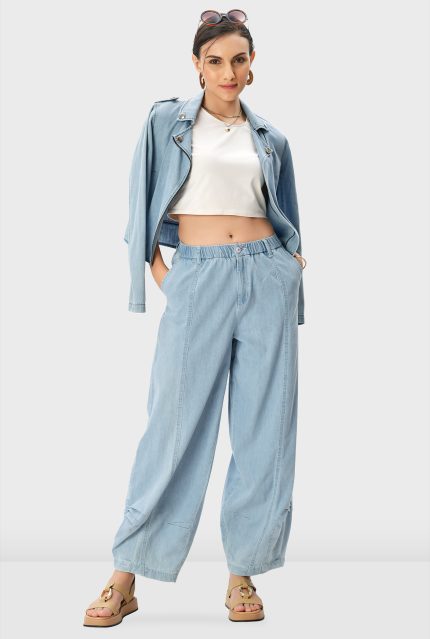 Cotton Denim Shirred Wide Leg Jeans