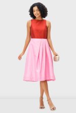 Colorblock Poly Dupioni Fit-and-Flare Dress | Sleeveless Wedding Guest Midi Dress