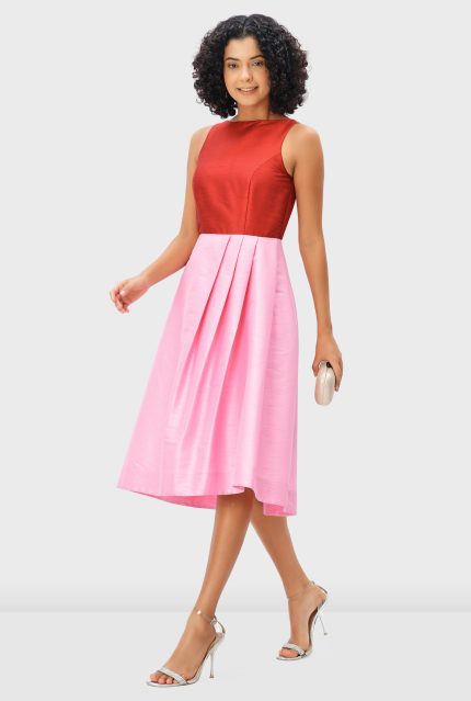 Colorblock Poly Dupioni Fit-and-Flare Dress | Sleeveless Wedding Guest Midi Dress