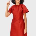 Capelet Back Dupioni A-Line Dress | Short-Sleeve Wedding Guest Midi Dress