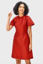 Capelet Back Dupioni A-Line Dress | Short-Sleeve Wedding Guest Midi Dress