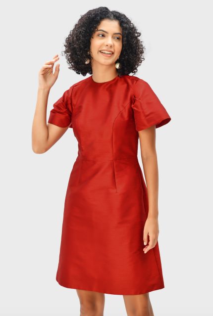 Capelet Back Dupioni A-Line Dress | Short-Sleeve Wedding Guest Midi Dress