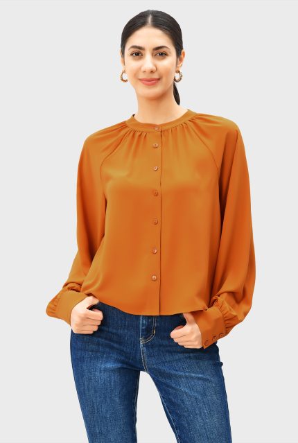Button Front Poly Twill Crepe Ruched Blouse