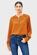 Button Front Poly Twill Crepe Ruched Blouse