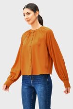 Button Front Poly Twill Crepe Ruched Blouse