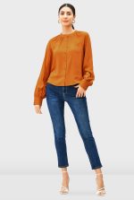 Button Front Poly Twill Crepe Ruched Blouse